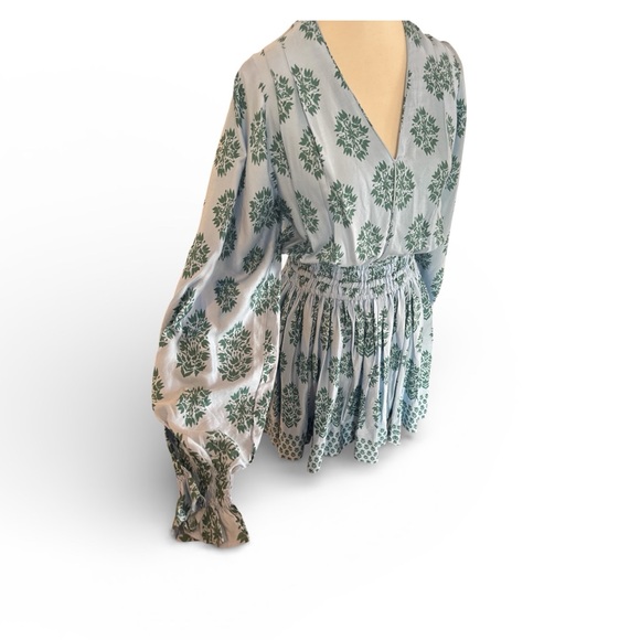 OMIKA Adele Mini Dress XS Blue Green Floral Smocked Boho Resort 100% Modal - Picture 5 of 12